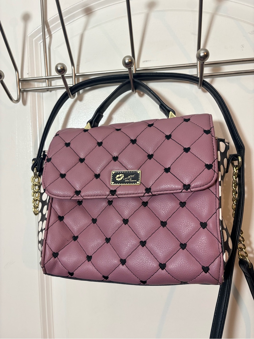 ⁠Luv Betsey by Betsey Johnson Pink Heart Quilted Polka Dot Flap Crossbody